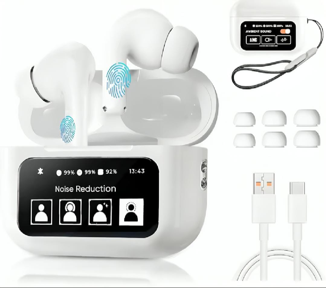 A9 Pro Touch Screen Airpods Pro - ANC Wireless Earbuds With Bluetooth 5.0, LCD Display, Super Bass And Pop-Up Feature